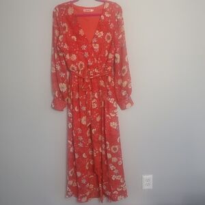 Inmod Woman's Red Floral Maxi Dress Long Sleeve Tropical Beach Resortwear Sz L